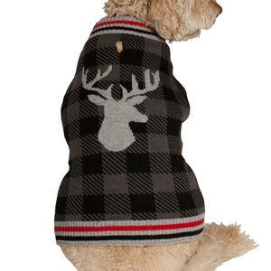 Cozy Black and Gray Plaid Dog Sweater with Deer Design